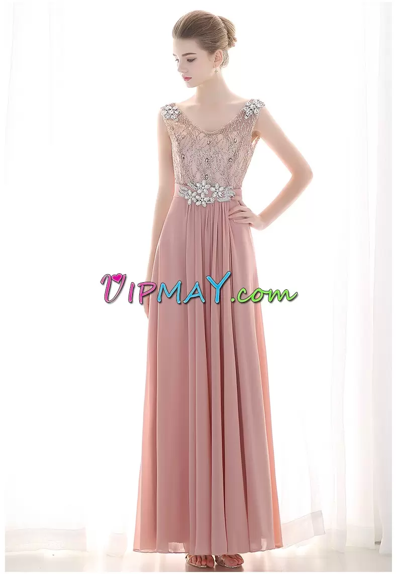 Peach Empire Satin Sweetheart Sleeveless Beading and Lace Floor Length Lace Up Homecoming Dress Sweep Train