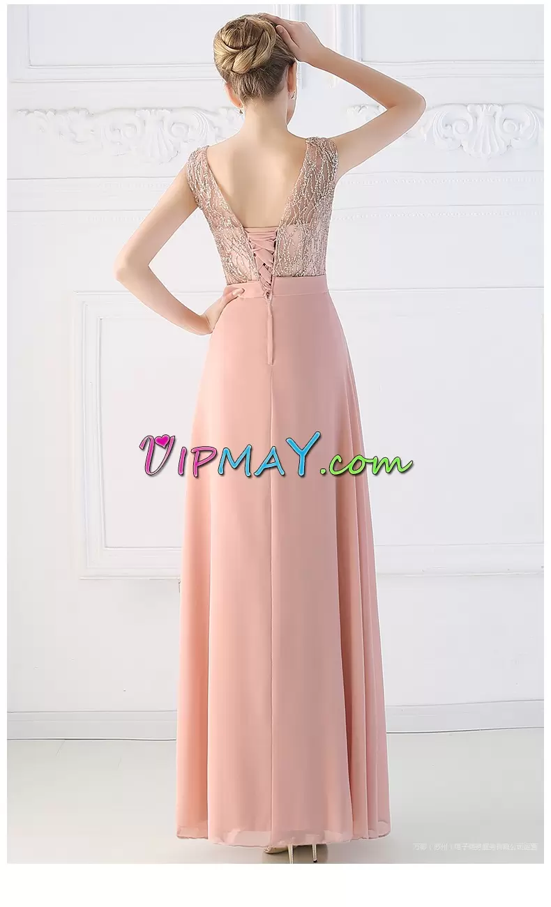 Peach Empire Satin Sweetheart Sleeveless Beading and Lace Floor Length Lace Up Homecoming Dress Sweep Train