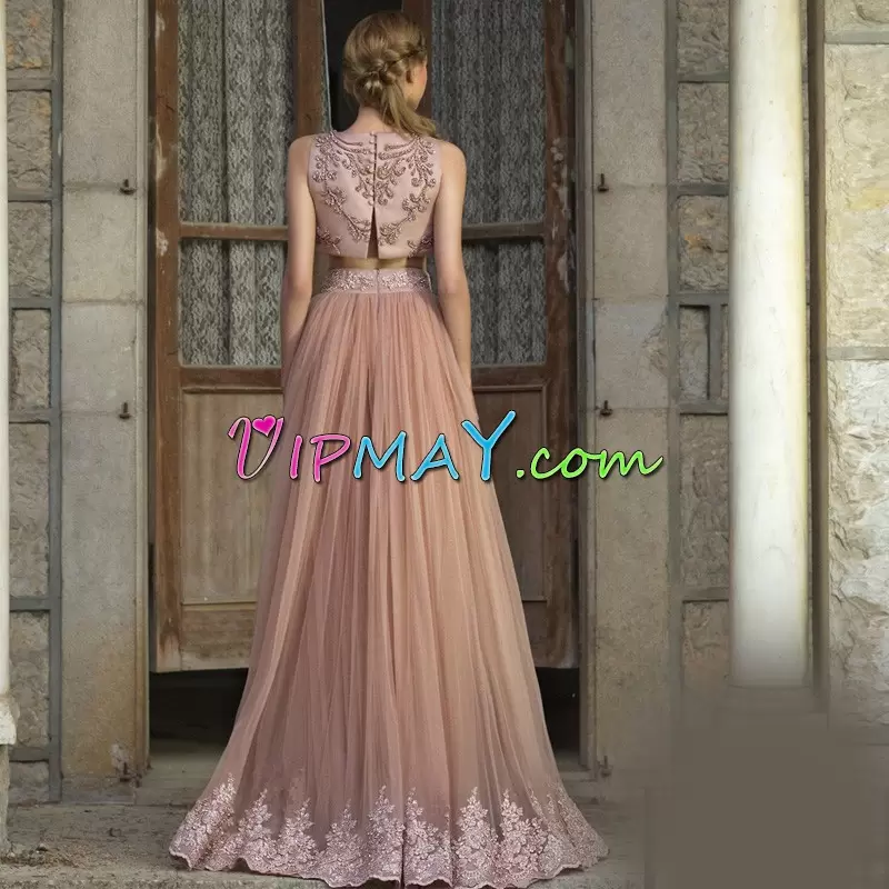 Amazing Pink Bateau Neckline Beading and Lace Dress for Prom Sleeveless Zipper