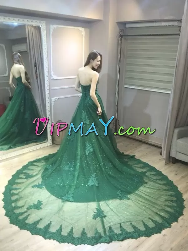 Hot Selling Green Dress for Prom Court Train Beading and Appliques