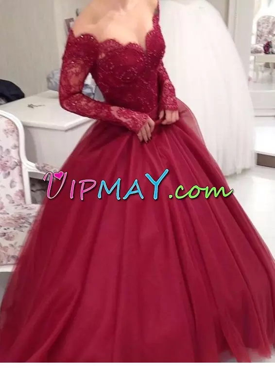 Red Prom Dresses Prom and Party with Lace Off The Shoulder Long Sleeves Lace Up