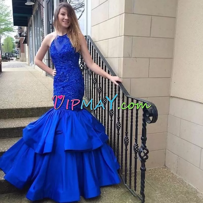 Flare Red and Royal Blue Lace Up Formal Dresses Beading and Ruffles Sleeveless Floor Length