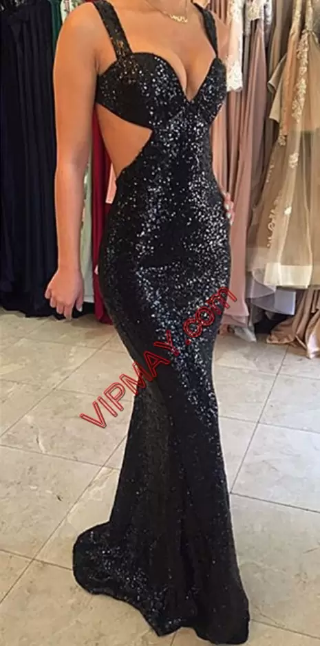 Lovely Black Column Sheath Sequined Straps Sleeveless Sequins Floor Length Backless Prom Gown