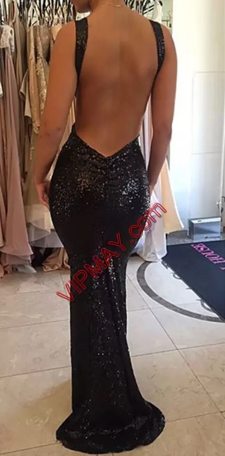 Lovely Black Column Sheath Sequined Straps Sleeveless Sequins Floor Length Backless Prom Gown