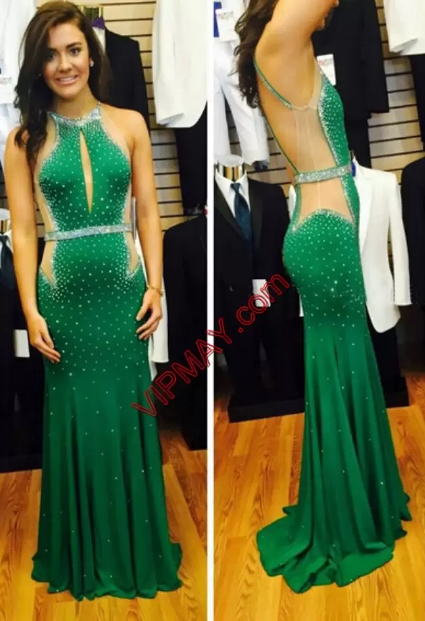 Backless Green for Prom and Party with Beading Sweep Train