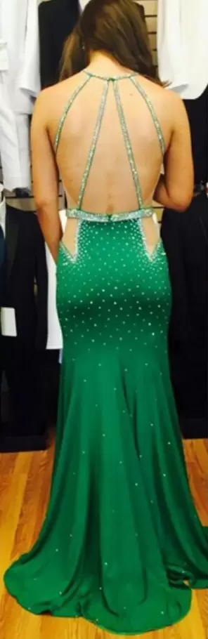 Backless Green for Prom and Party with Beading Sweep Train