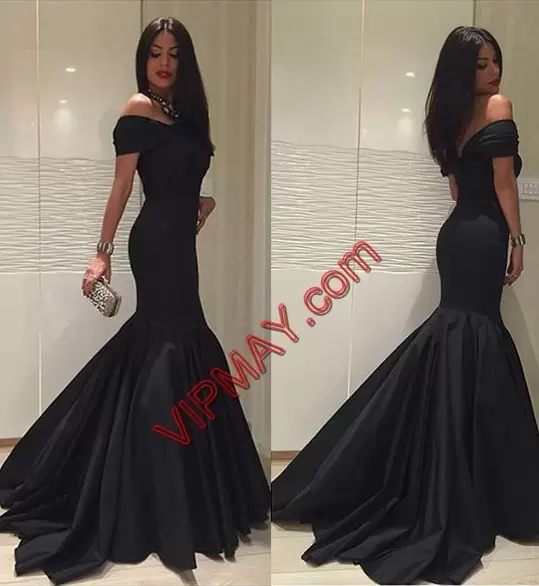 Ruffles Prom Evening Gown Black Zipper Sleeveless Floor Length Sweep Train