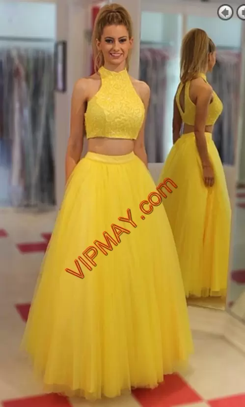 Perfect Yellow Sleeveless Tulle Lace Up Homecoming Dress for Party