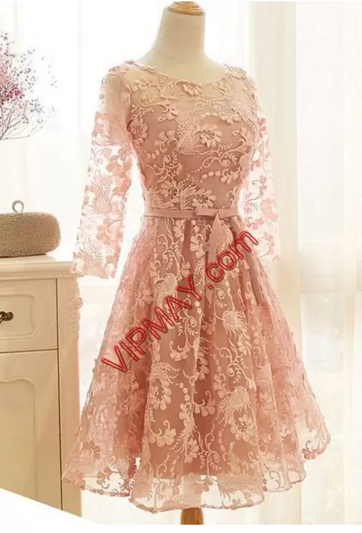 Long Sleeves Knee Length Lace Lace Up Evening Dress with Champagne