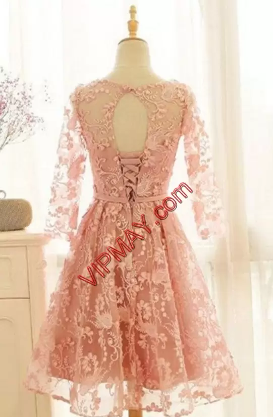 Long Sleeves Knee Length Lace Lace Up Evening Dress with Champagne