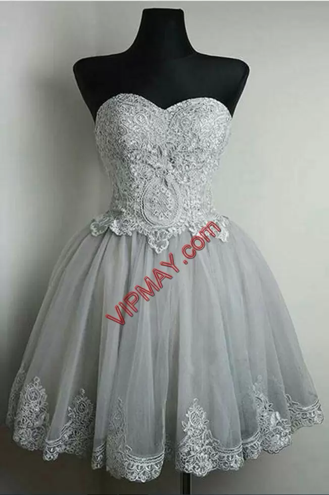 Grey Sleeveless Tulle Lace Up Evening Dress for Prom and Party and Military Ball