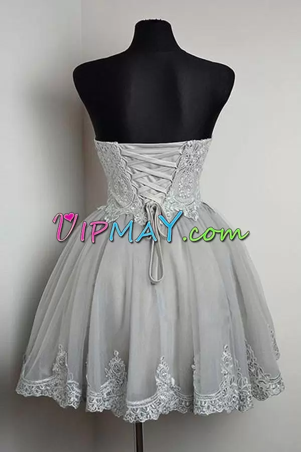 Grey Sleeveless Tulle Lace Up Evening Dress for Prom and Party and Military Ball