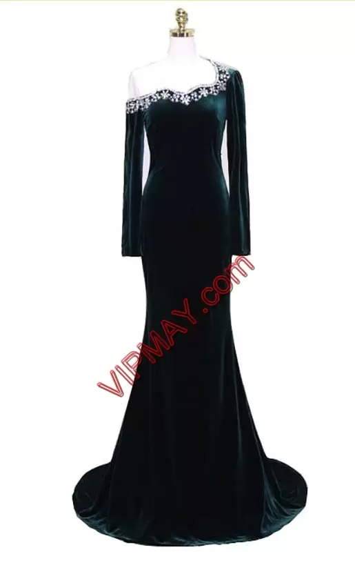 long sleeve velvet prom dress,long sleeve long prom dress cheap,velvet mermaid prom dress,dark green mermaid prom dress,cheap mermaid prom dress fast shipping,one shoulder long sleeve prom dress,plus size one shoulder formal dress,long prom dress with trains,