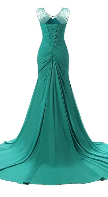 Green Sleeveless Court Train Beading and Ruching High Low