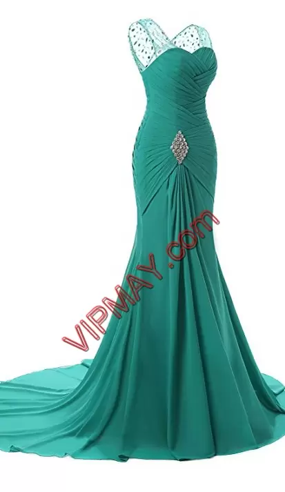 Green Sleeveless Court Train Beading and Ruching High Low