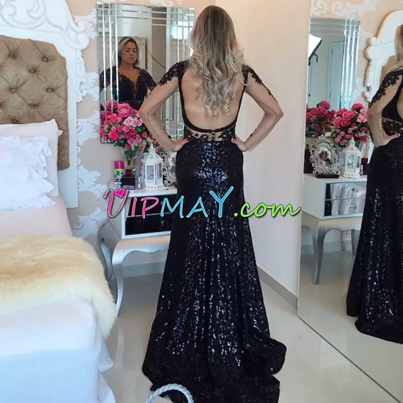 Amazing Appliques and Sequins Black Backless Long Sleeves Sweep Train