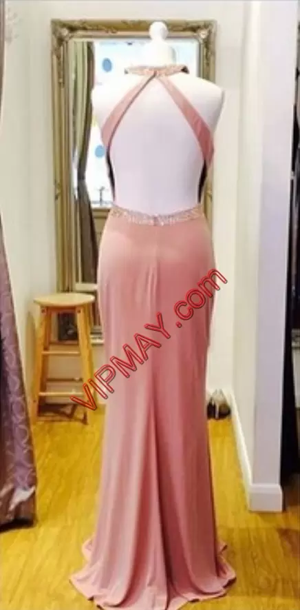 Pink Mermaid Satin Sweetheart Sleeveless Beading and Lace Floor Length Lace Up Prom Homecoming Dress Sweep Train