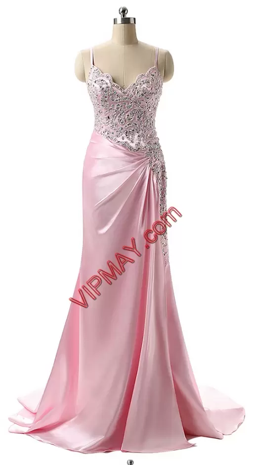 Sleeveless Sweetheart Sweep Train Beading and Lace Lace Up Prom Dresses