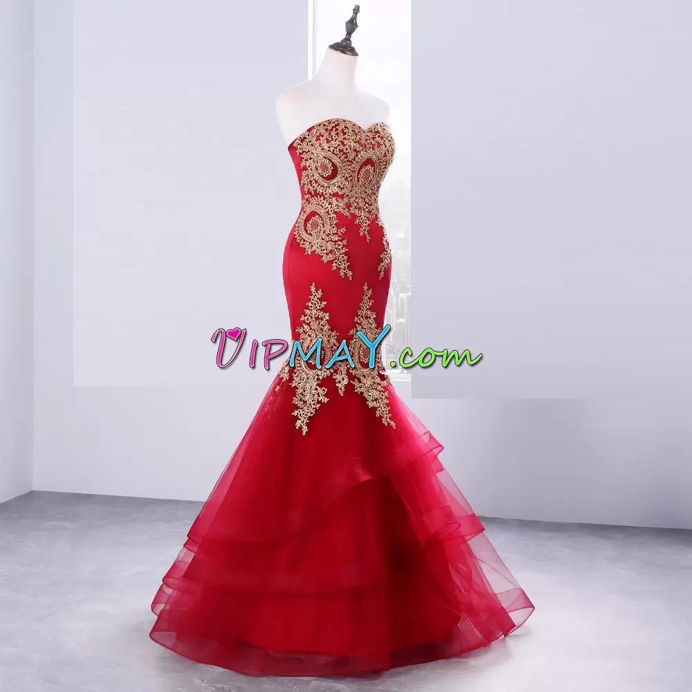 Glittering Red Sleeveless Appliques Floor Length Hoco Dress