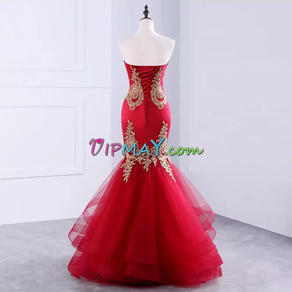 Glittering Red Sleeveless Appliques Floor Length Hoco Dress