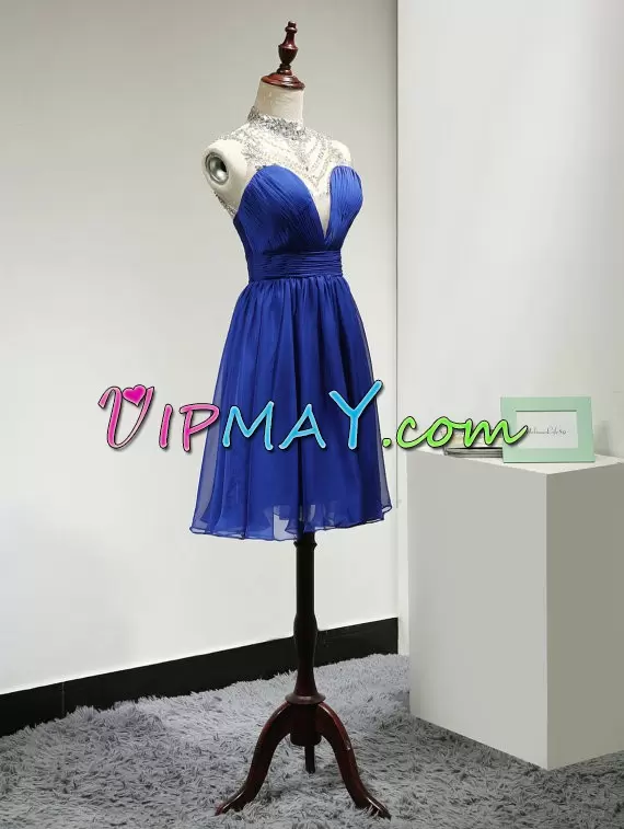 Sweet Royal Blue Homecoming Dress Online Prom and Party with Beading High-neck Sleeveless Backless