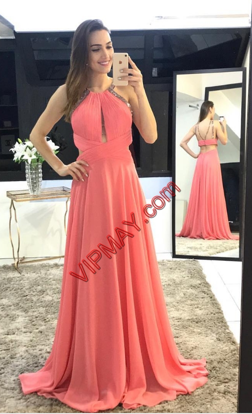 sexy beaded prom dress,sexy prom dress size 12,coral red prom dress,halter special occasion prom dress,halter style prom dress,cheap sleeveless prom dress,ruched chiffon prom dress,sexy ruched prom dress,