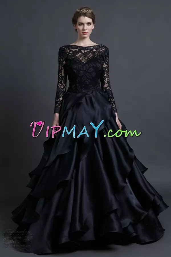 Elegant Floor Length Lace Up Prom Dresses Black for Prom and Party with Appliques and Ruffles