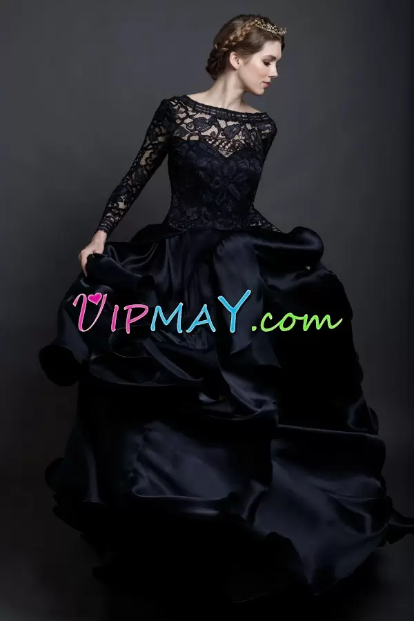 Elegant Floor Length Lace Up Prom Dresses Black for Prom and Party with Appliques and Ruffles