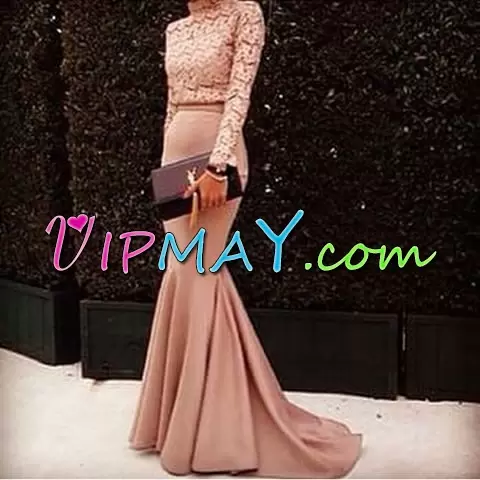 Mermaid Long Sleeves Pink Prom Gown Sweep Train Lace Up