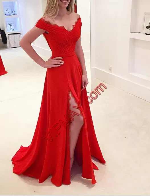 Fashionable Off The Shoulder Sleeveless Sweep Train Lace Up Prom Evening Gown Red Ruching