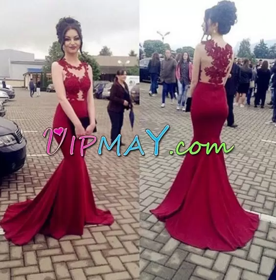 Lace Prom Party Dress Wine Red Backless Sleeveless Floor Length