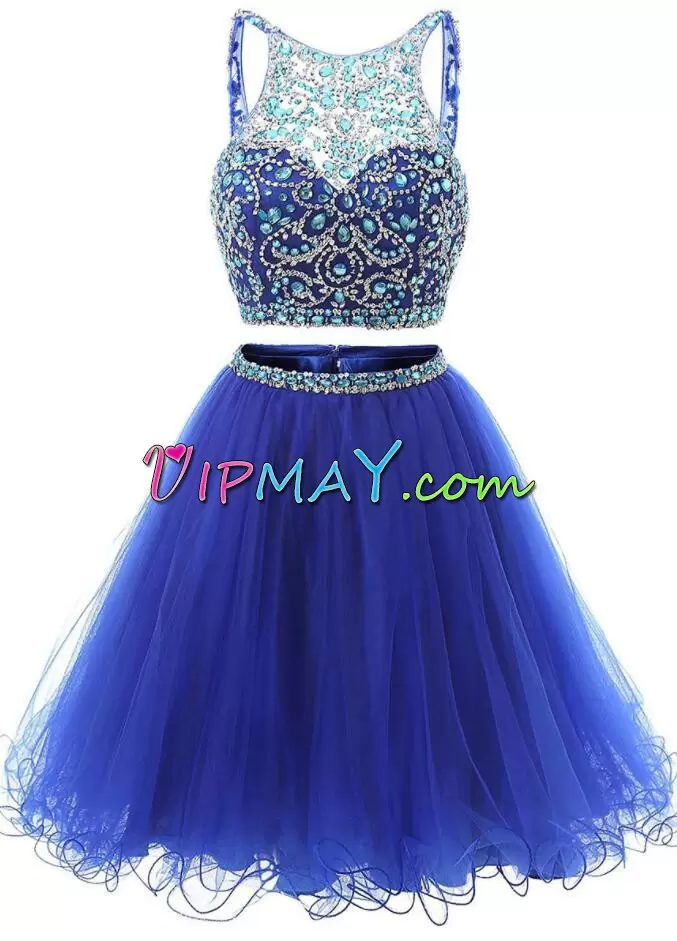 Amazing Royal Blue Tulle Backless Scoop Sleeveless Knee Length Homecoming Dress Online Beading