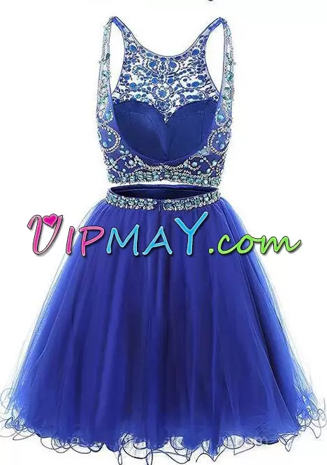 Amazing Royal Blue Tulle Backless Scoop Sleeveless Knee Length Homecoming Dress Online Beading