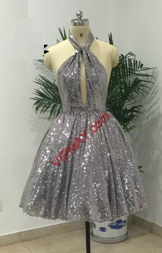 Sequined Halter Top Sleeveless Backless Sequins Prom Dresses in Grey