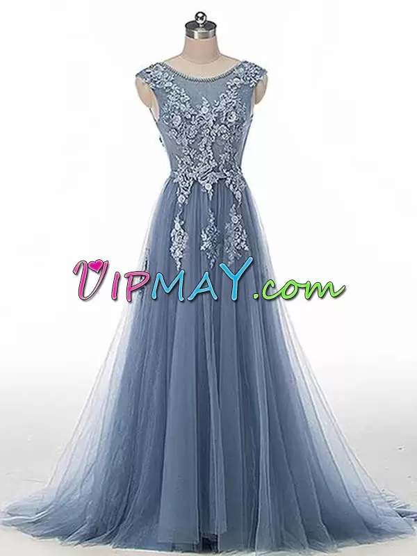 Fashion Sleeveless Scoop Sweep Train Beading and Appliques Lace Up Homecoming Dress