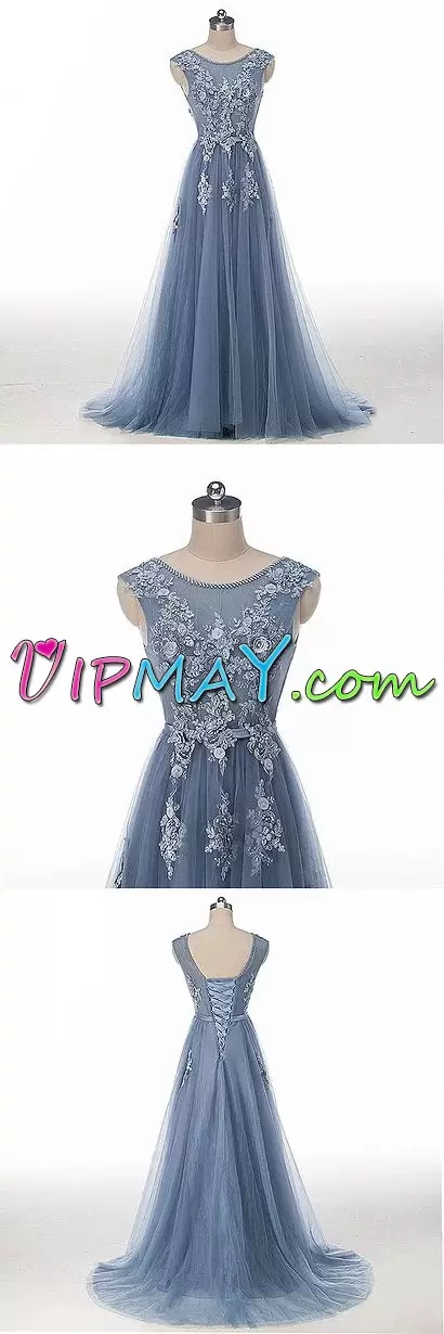 Fashion Sleeveless Scoop Sweep Train Beading and Appliques Lace Up Homecoming Dress