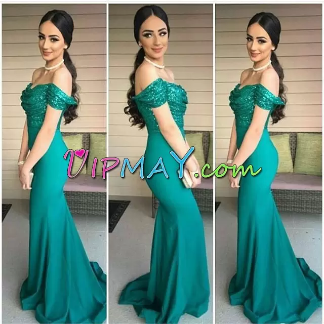 Satin Off The Shoulder Sleeveless Brush Train Ruching Prom Party Dress in Green