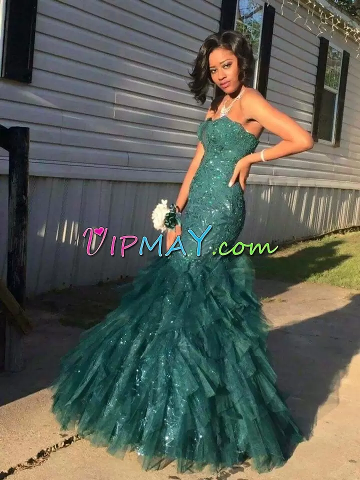 Fashionable Teal Mermaid Organza Strapless Sleeveless Beading Floor Length Lace Up