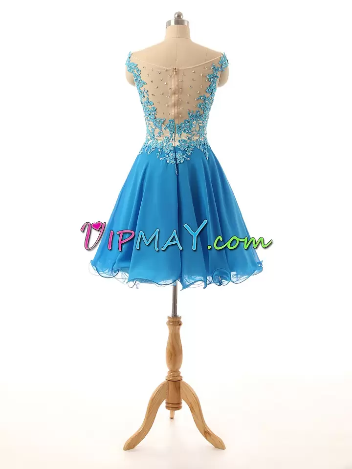 Off The Shoulder Sleeveless Zipper Prom Evening Gown Blue Chiffon Lace