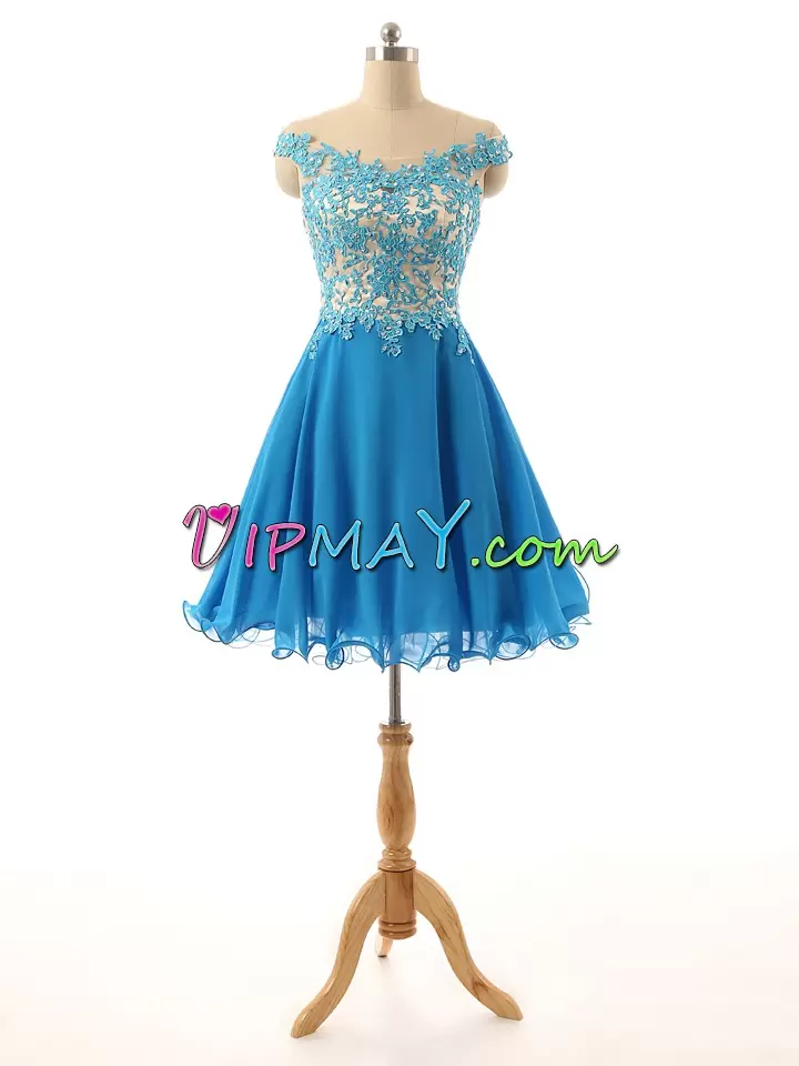 Off The Shoulder Sleeveless Zipper Prom Evening Gown Blue Chiffon Lace