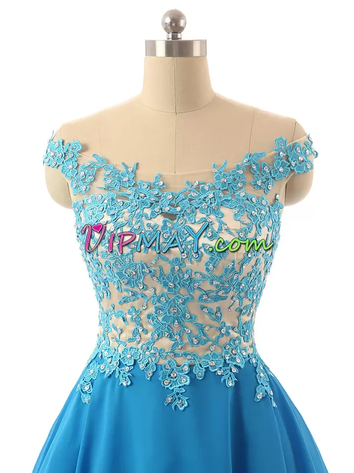 Off The Shoulder Sleeveless Zipper Prom Evening Gown Blue Chiffon Lace