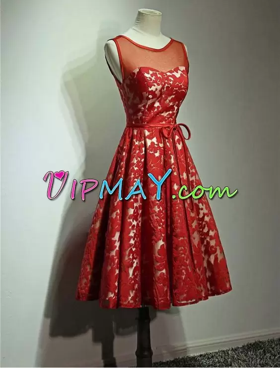 Excellent Wine Red Prom Gown Prom with Lace Scoop Sleeveless