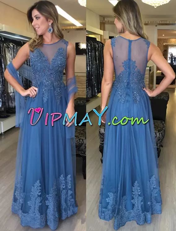 Classical Appliques Evening Dress Blue Zipper Sleeveless Floor Length