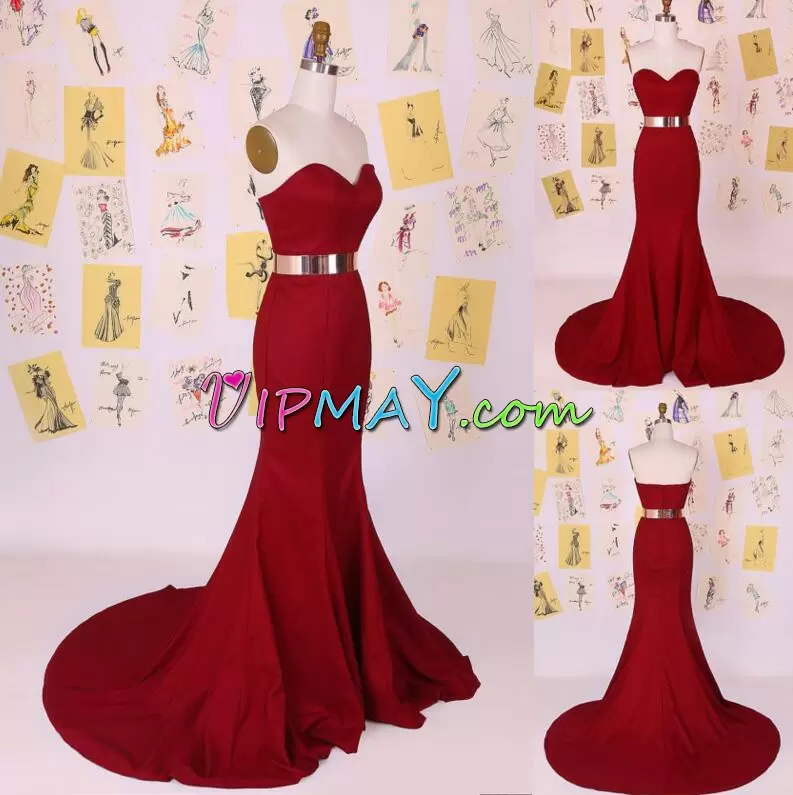 Fitting Red Mermaid Belt Homecoming Dress Online Zipper Chiffon Sleeveless