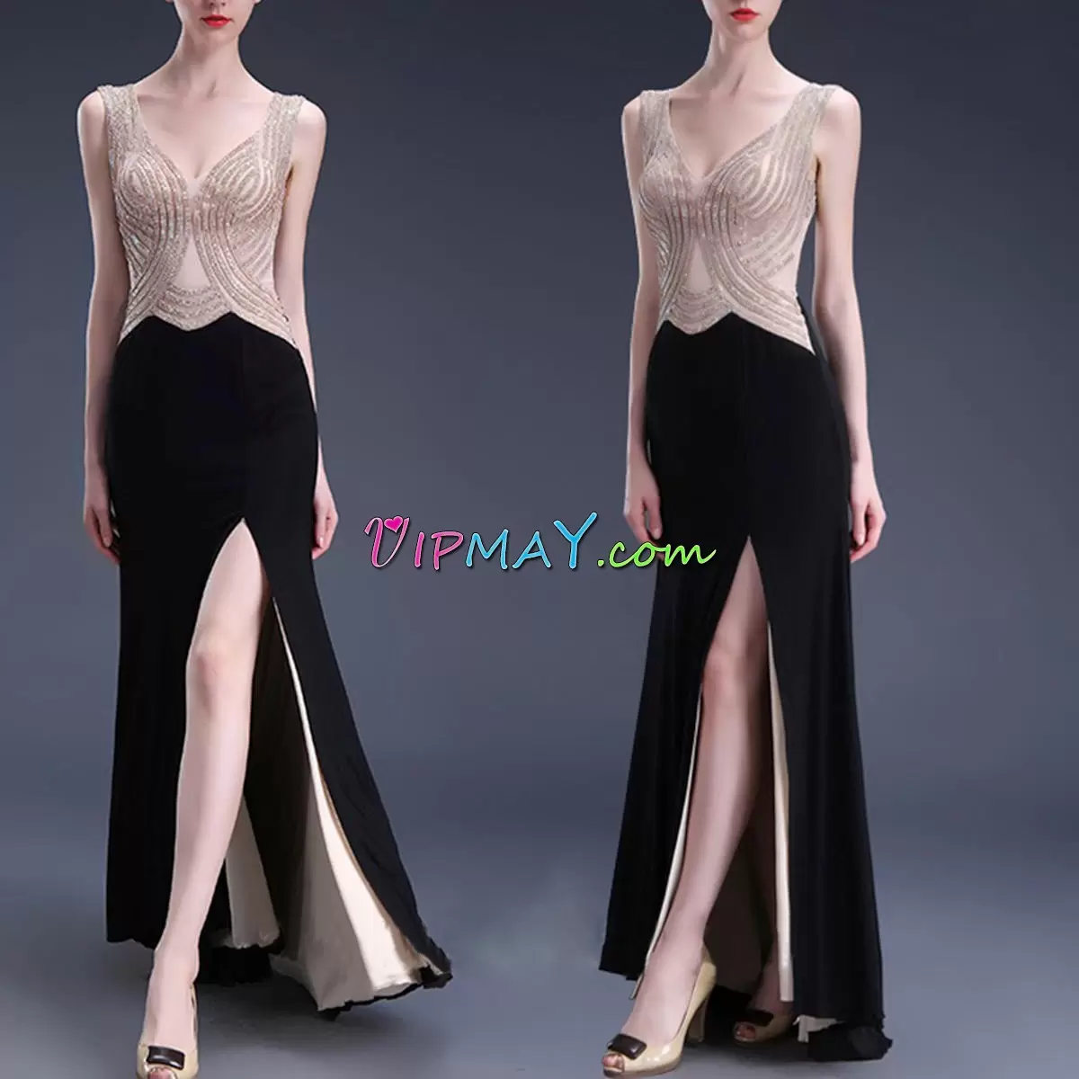 White and Black Sleeveless Sweep Train Beading and Lace Floor Length Prom Party Dress