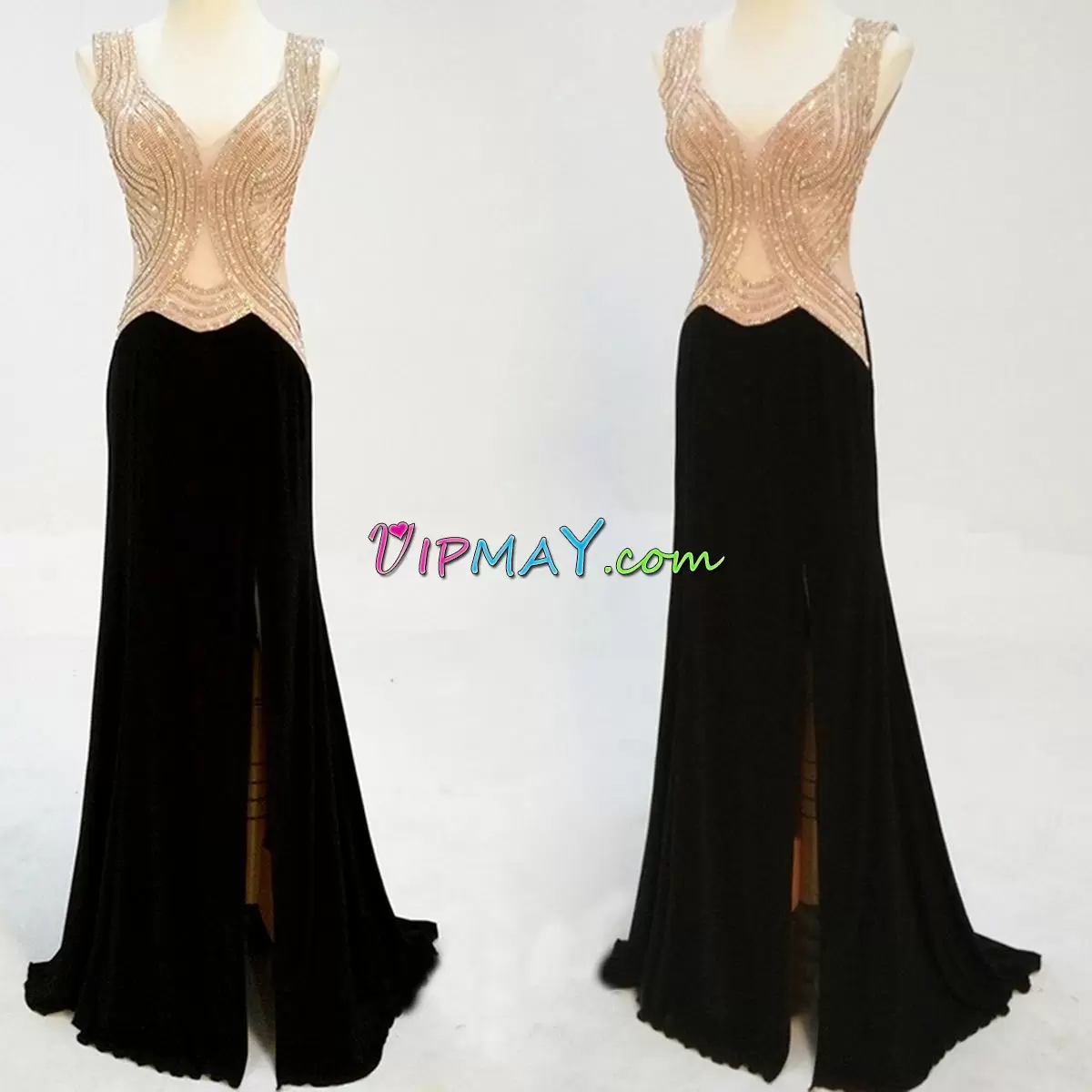 White and Black Sleeveless Sweep Train Beading and Lace Floor Length Prom Party Dress