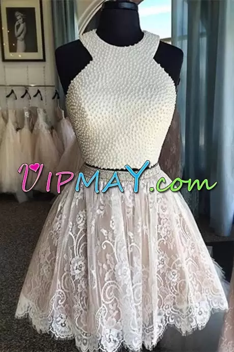 Ideal Halter Top Sleeveless Tulle Prom Dresses Beading and Appliques Zipper