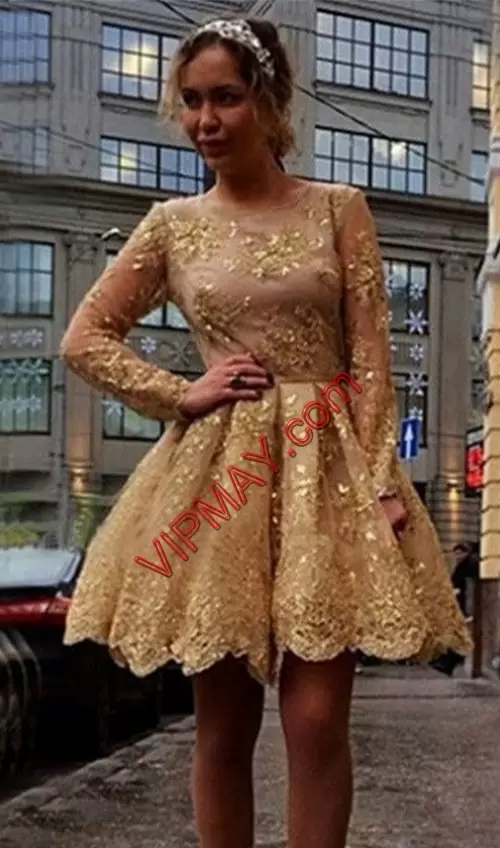 Sophisticated Scoop Long Sleeves Lace Up Beading and Lace Homecoming Gowns in Gold