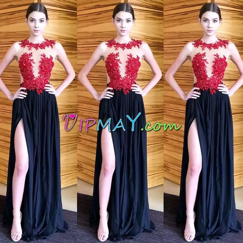 Floor Length Backless Red And Black for Party and Wedding Party with Lace