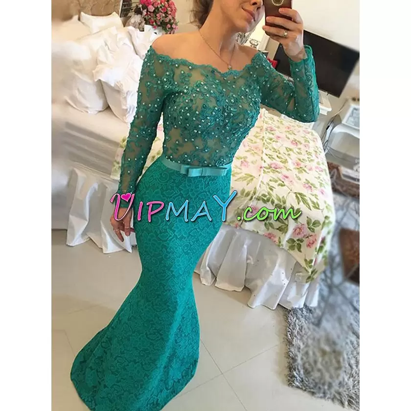 Long Sleeves Lace Floor Length Side Zipper Homecoming Dress in Green with Appliques and Belt